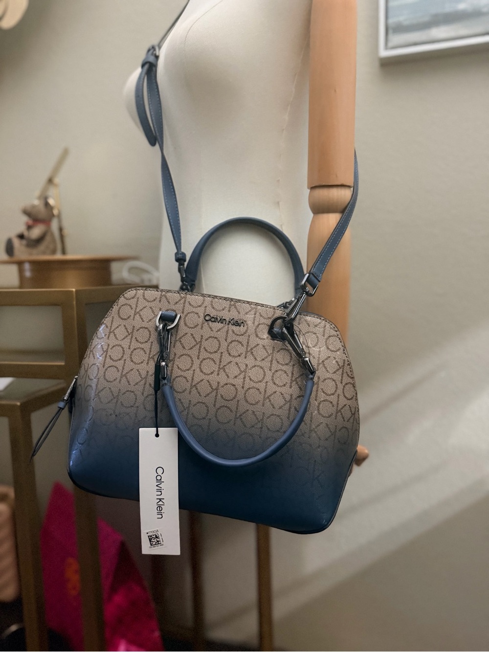 Calvin Klein Blue Ombré Monogram Satchel Crossbody Bag NWT w/ Dust Bag - Picture 6 of 14